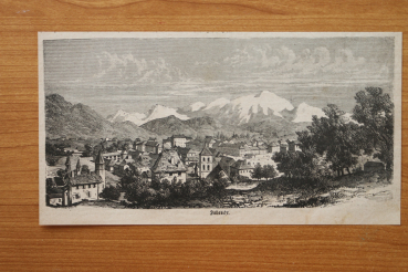 Wood Engraving Sallanche Sallanches 1866 city view churches houses France
